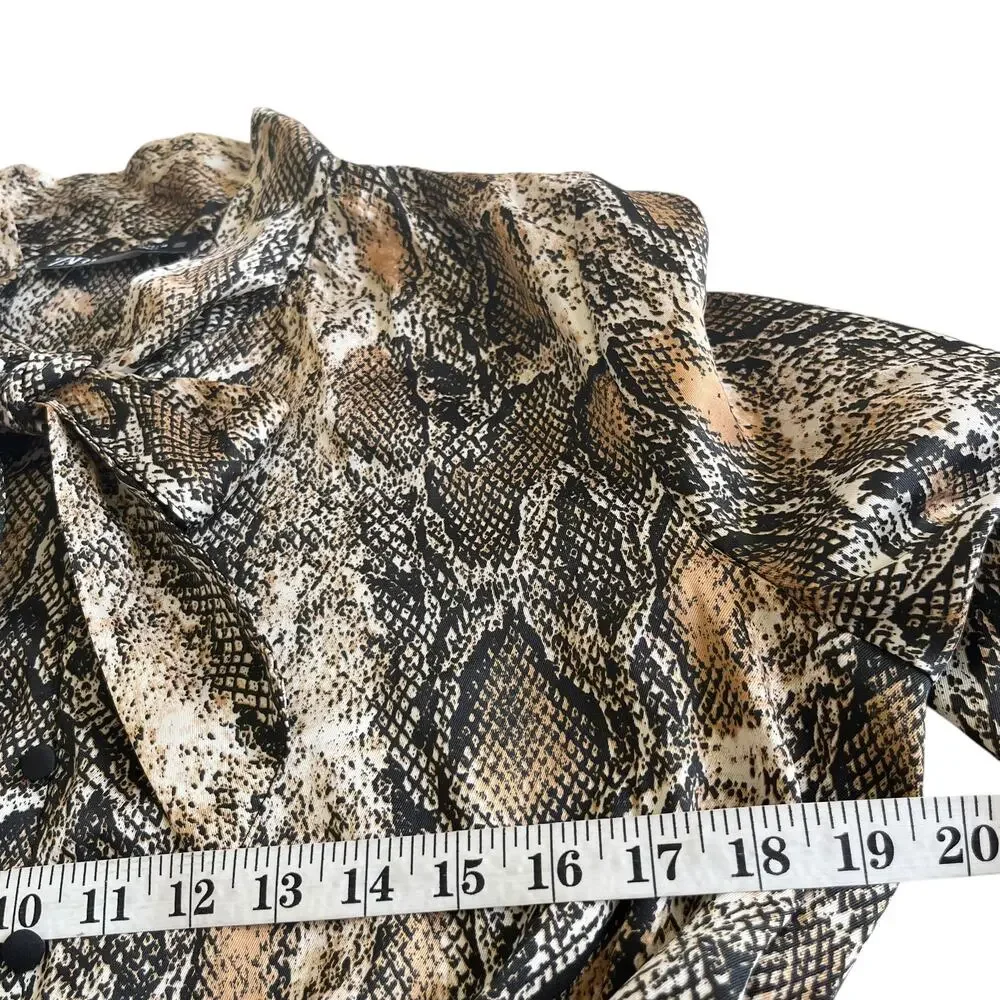 Zara Brown Snakeskin Animal Print Long Sleeve Button Front Tie Neck Midi Dress L